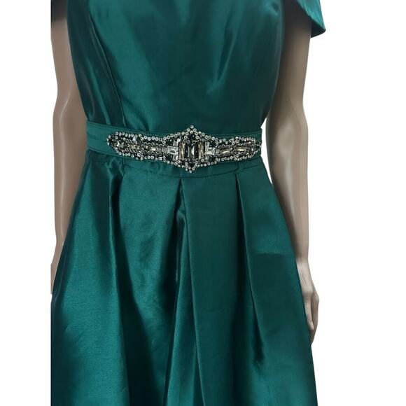 Eliza J Off-Shoulder Satin Gown - Emerald Green - Size 6. Embellished belt. - Picture 3 of 9
